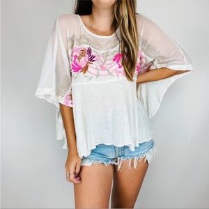 Free People Off White Flowy Embroidered Top
